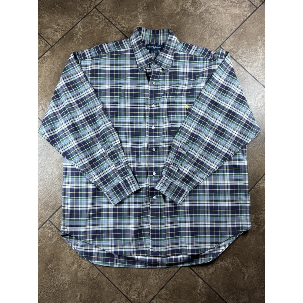 Ralph Lauren Mens XL Big Shirt Blue/Green Long Sleeve Button Down Shirt Cotton